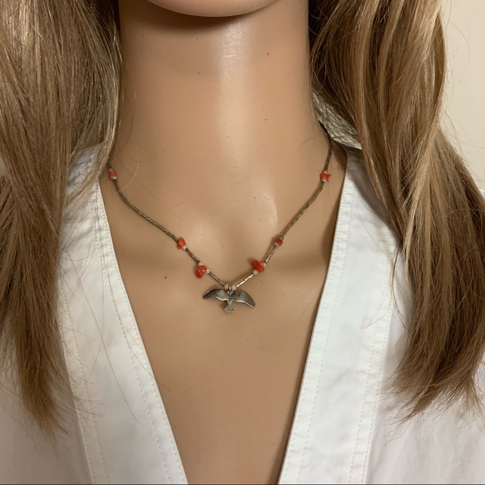 SILVER BIRD in flight SOUTH WESTERN Silver RED Coral BEADED Festival NECKLACE